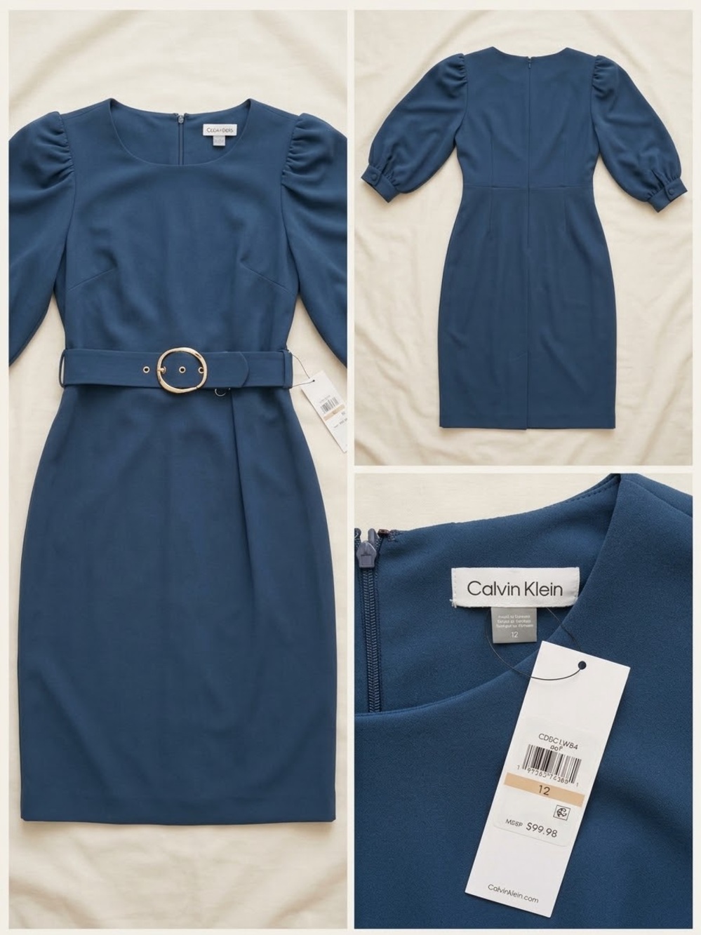 Calvin Klein Blue Puff-Sleeve Belted Sheath Dress